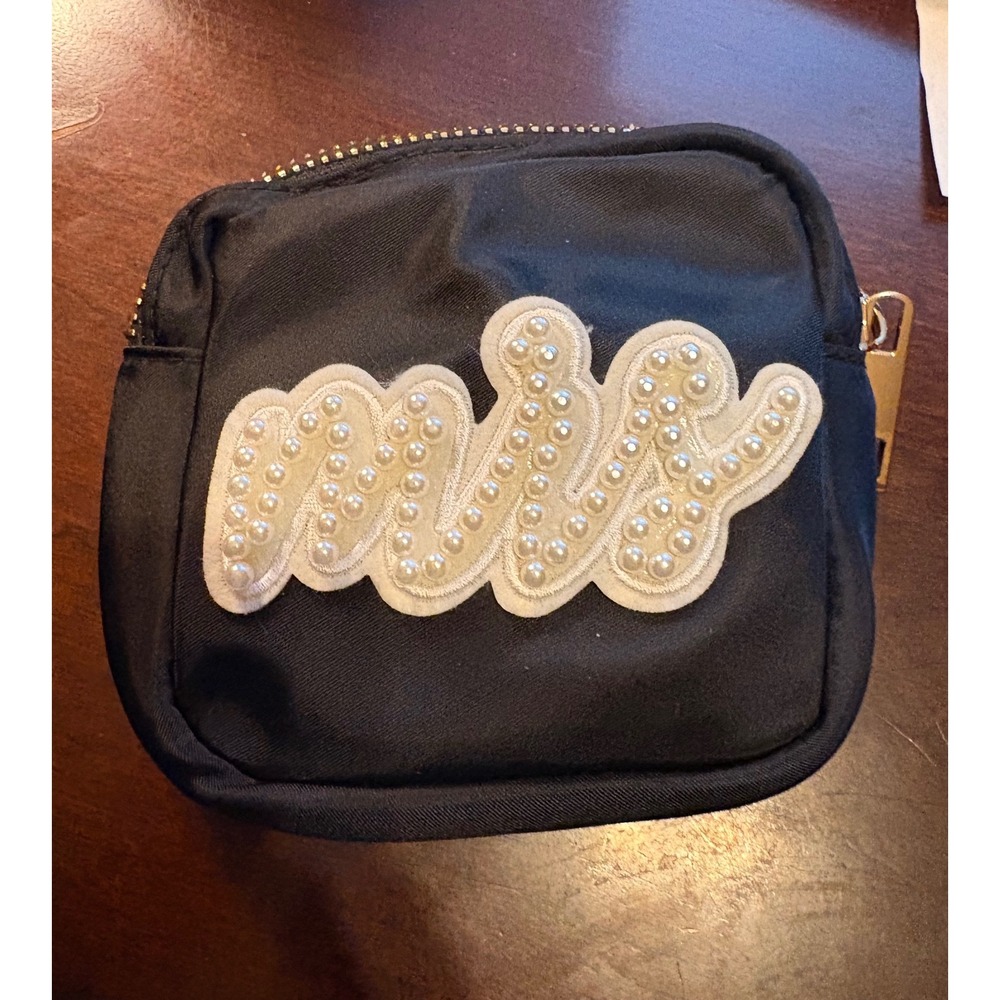 Bridal 'Mrs' Black Pouch Cosmetic Bag Pearl Embellished Script 'Mrs' Logo
